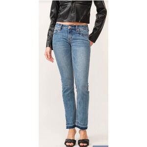 DEAR JOHN Women Blue Wash Straight Leg Jeans Side Slit Raw Hem Size 30